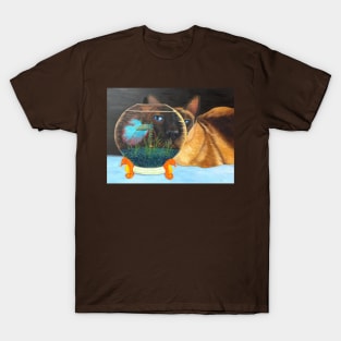 Siamese Cat Looking Through a Fishbowl at a Betta Fish. T-Shirt